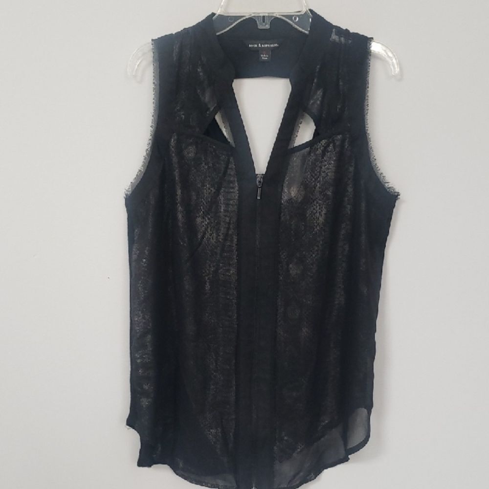 Rock & Republic Sheer Black Sleeveless Blouse Women's S Zip Front Moto Tunic